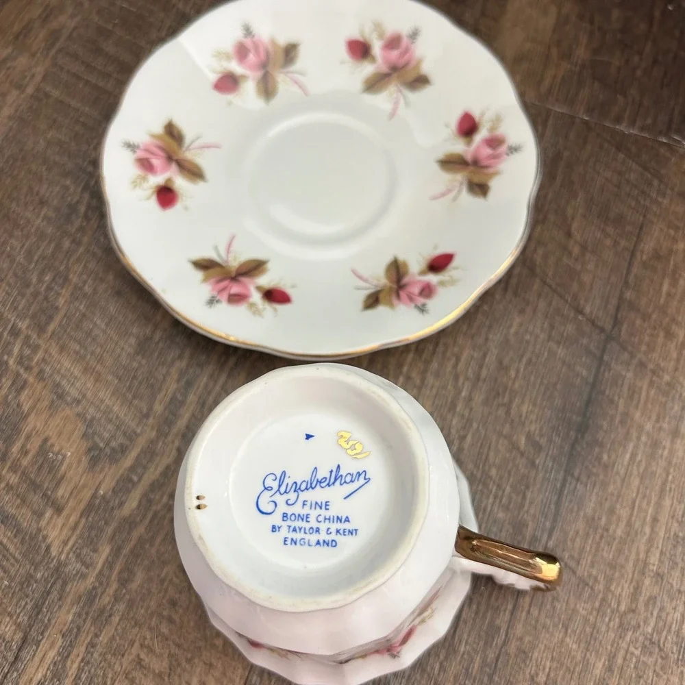 Elizabethan Taylor & Kent Fine Bone China Tea Cup Saucer Pink Rose Gold Trim